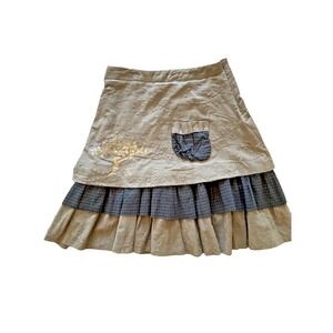 Lovely Moda Skirt Olive Green Embroidered Tiered Ruffle Pocket‎ Vintage Style